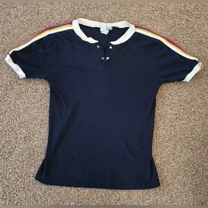 Vintage Navy Polo Shirt with Striped Sleeves. Size small